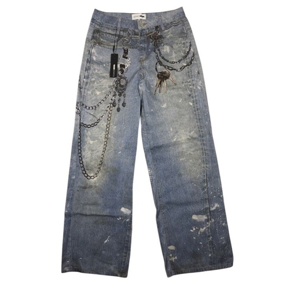 Fashion Nova Women Blue Graphic Chain Teddy Bear Paint Splatter Jeans Sz 11 NEW